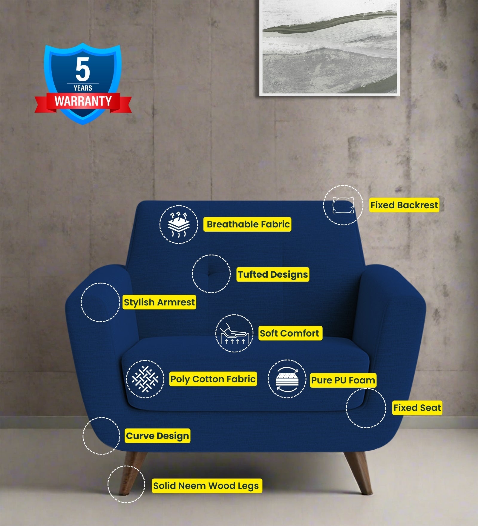 Jasmin Fabric 1 Seater Sofa In Royal Blue Colour - Febonic Living