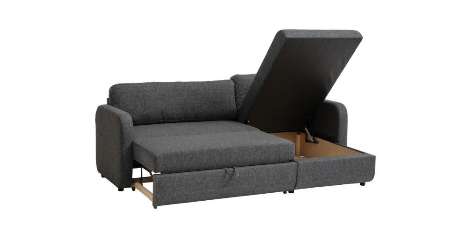 Bison Fabric 3 Seater Sectional With Pull Out Sofa Cum Bed In Charcoal Grey Colour - Febonic Living