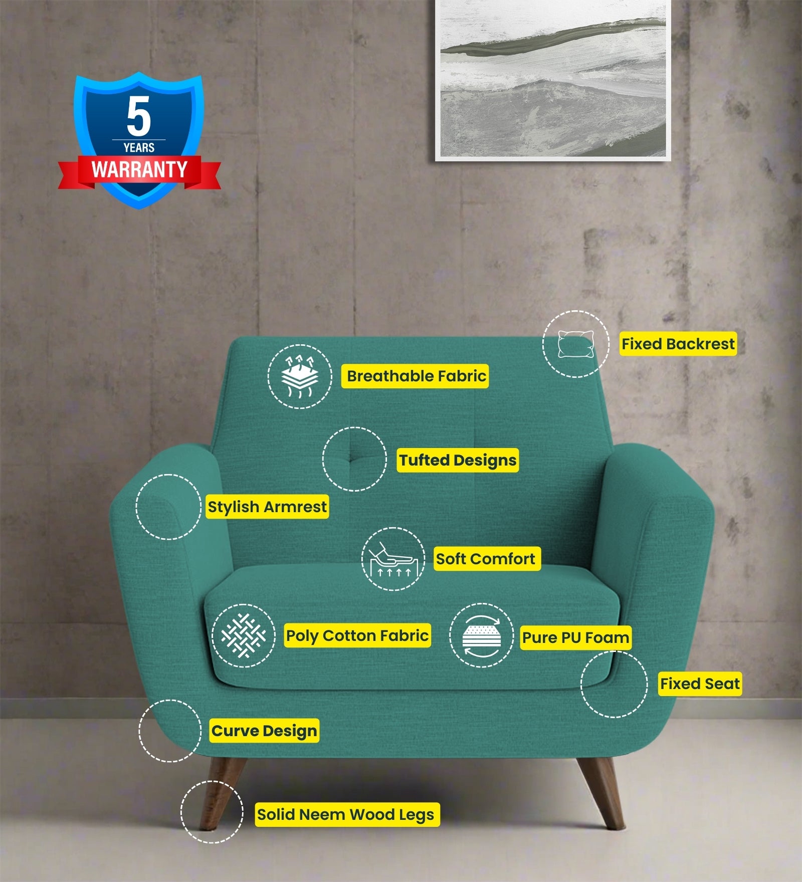 Jasmin Fabric 1 Seater Sofa In Sea Green Colour - Febonic Living