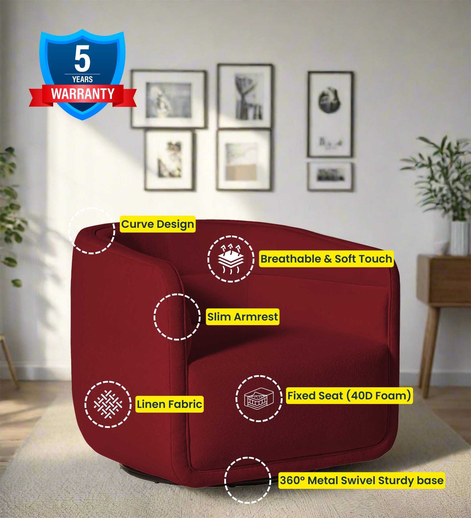 Ria Fabric Swivel Chair in Chilli Red Colour