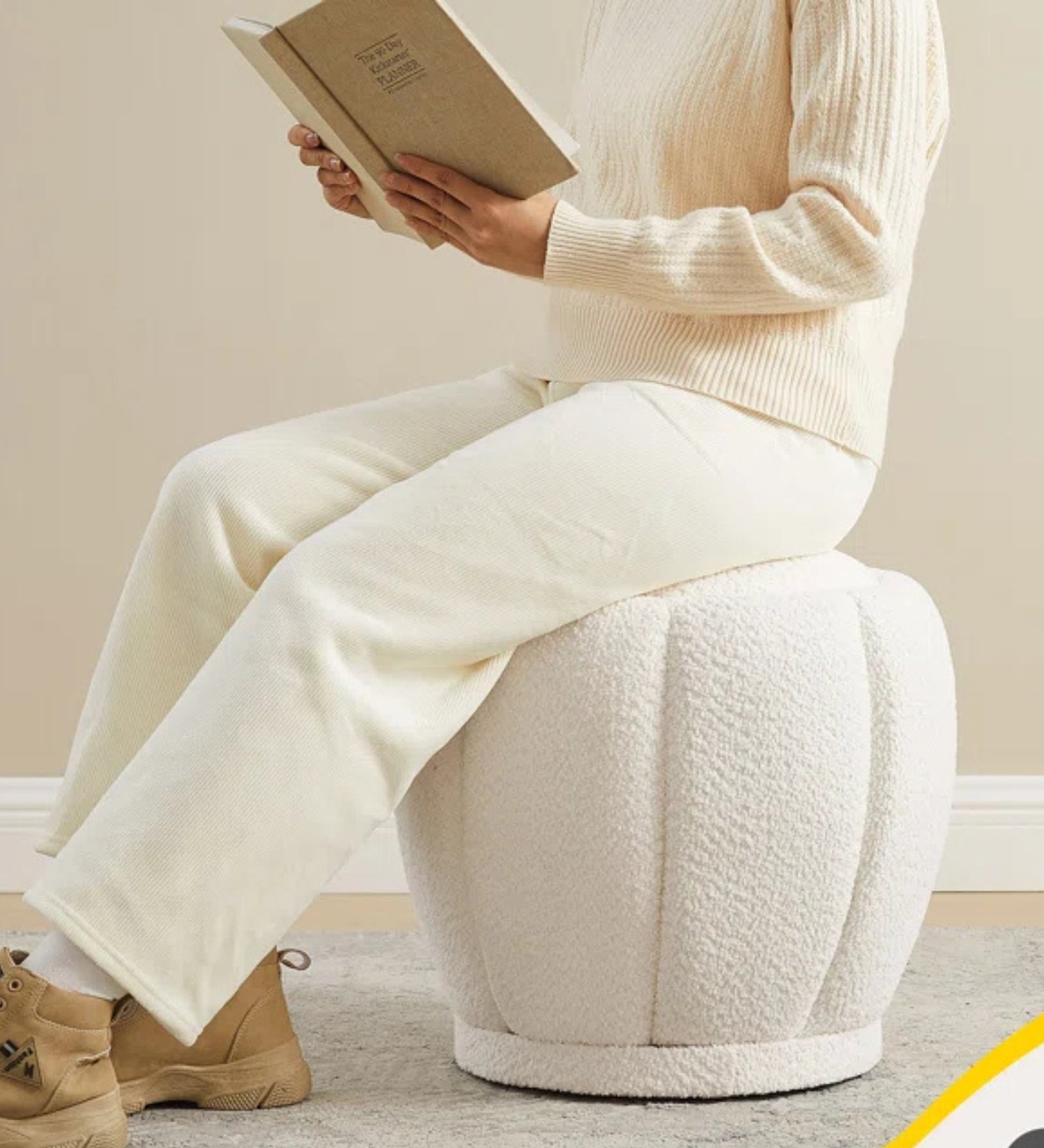 Kanni Boucle Fabric Pouffe In Bright White Colour - Febonic Living