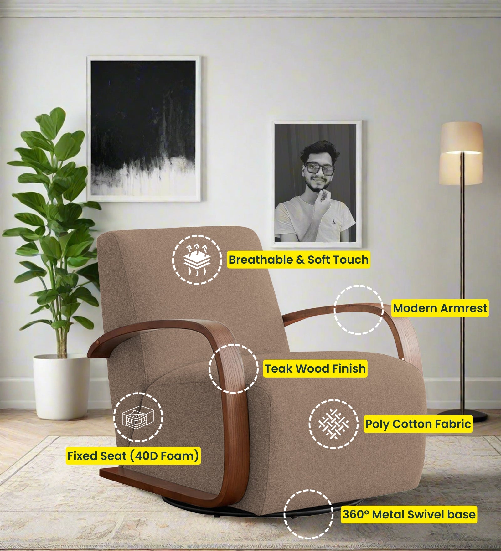 Balma Fabric Swivel Chair in Cookie Beige Colour