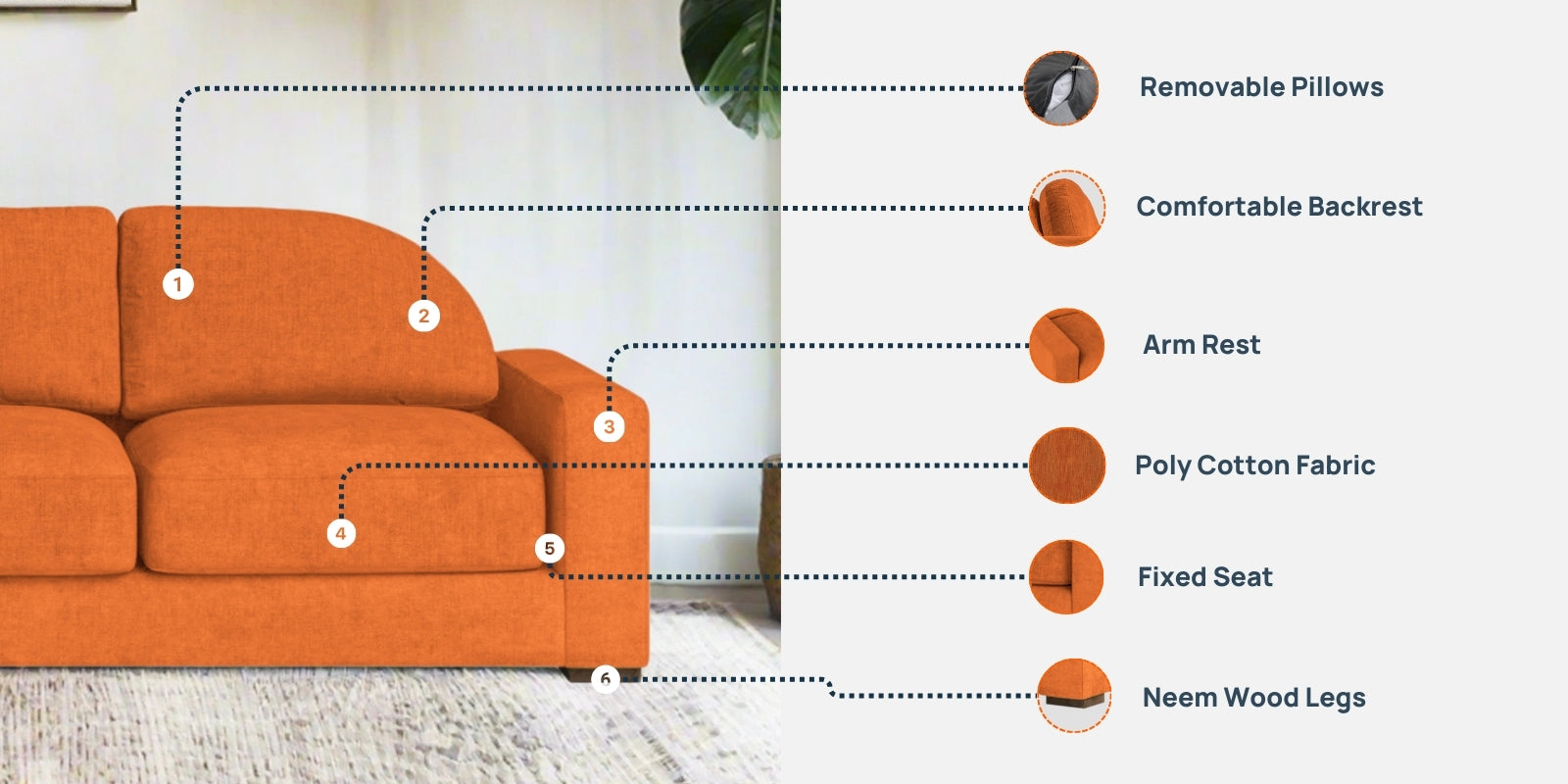 Dara Fabric 3 Seater Sofa In Vivid Orange Colour