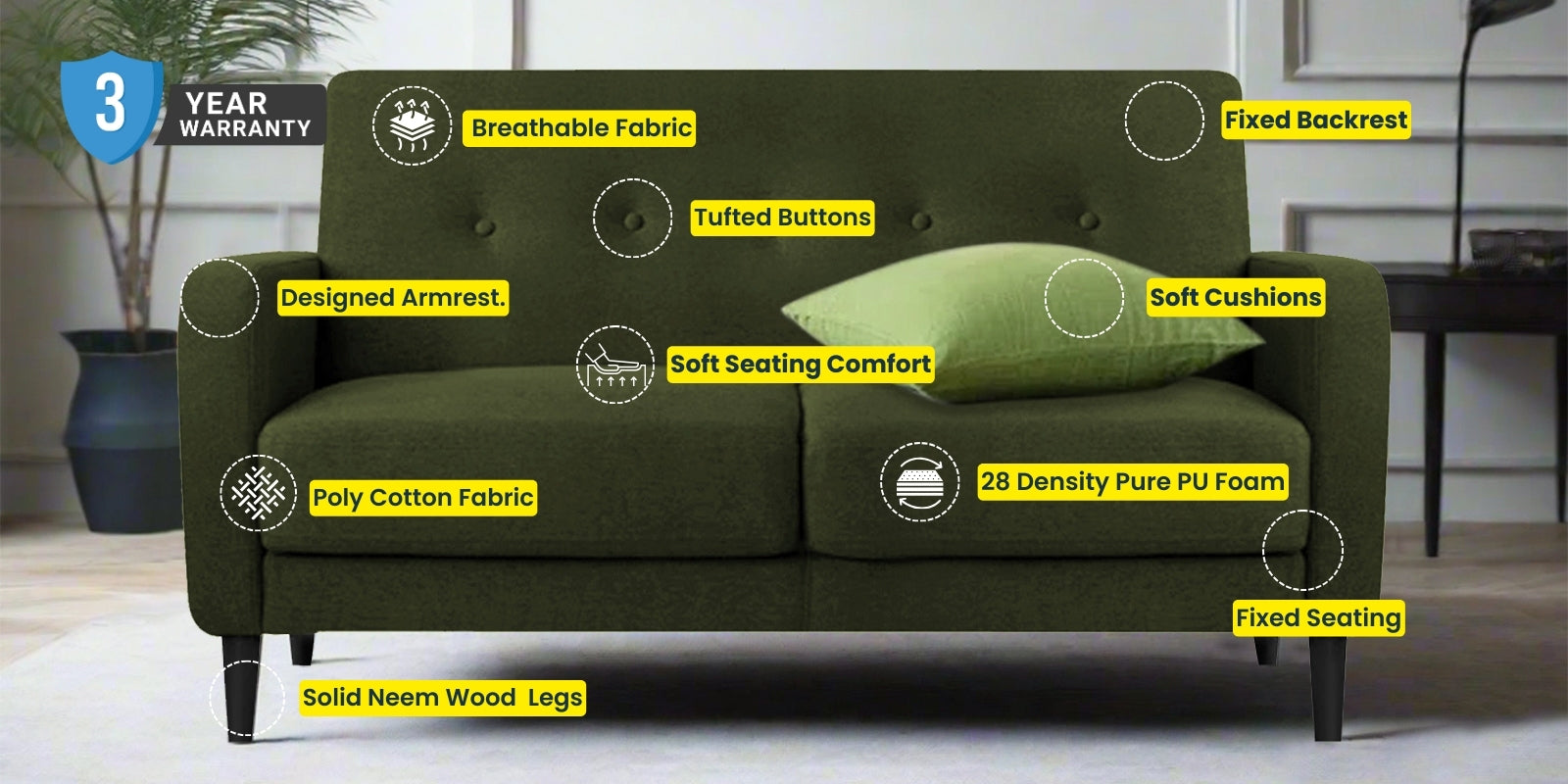 Marq Fabric 2 Seater Sofa in Parrot Green Colour