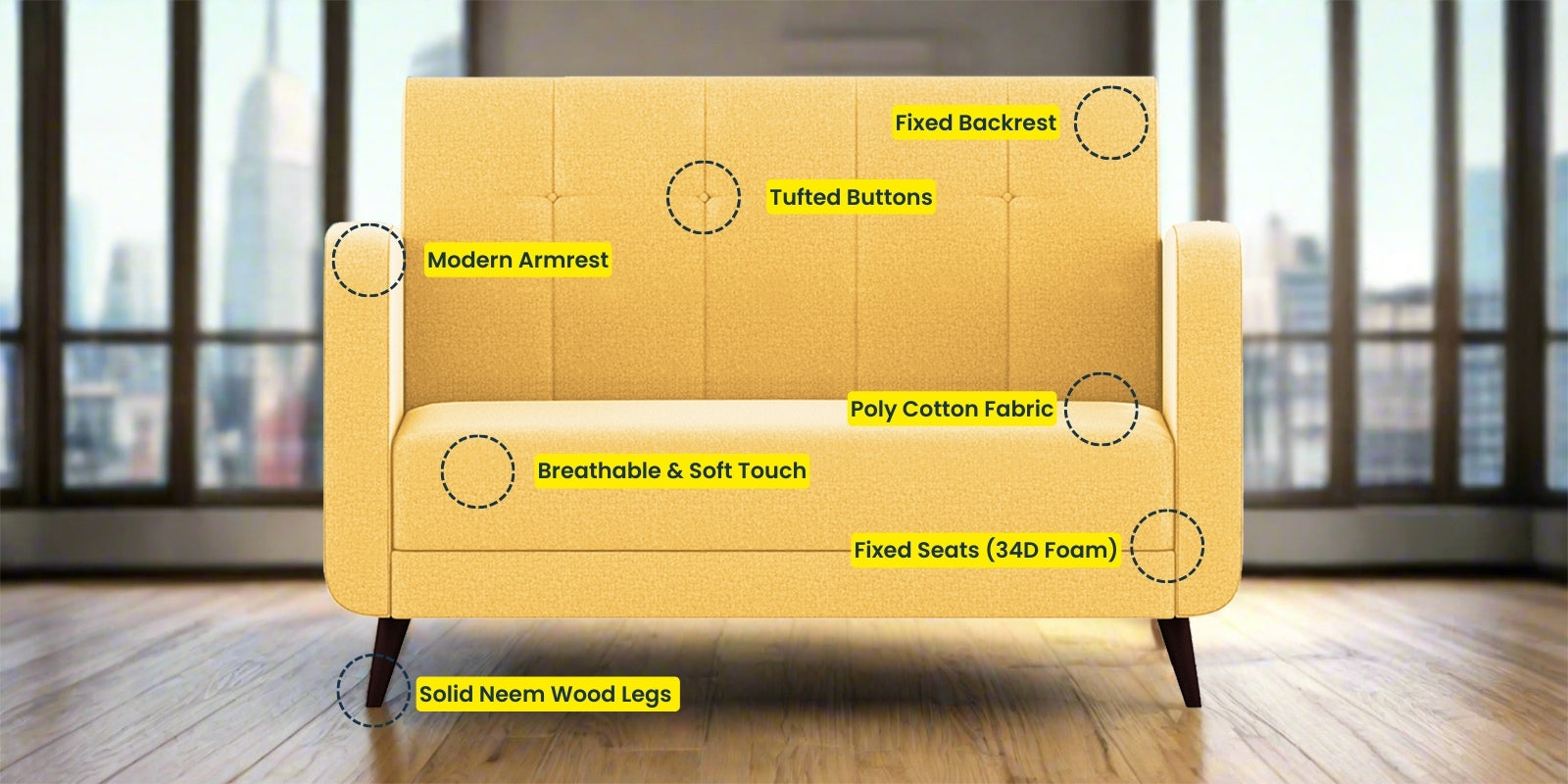 Wiki Velvet 2 Seater Sofa In Turmeric yellow Colour - Febonic Living