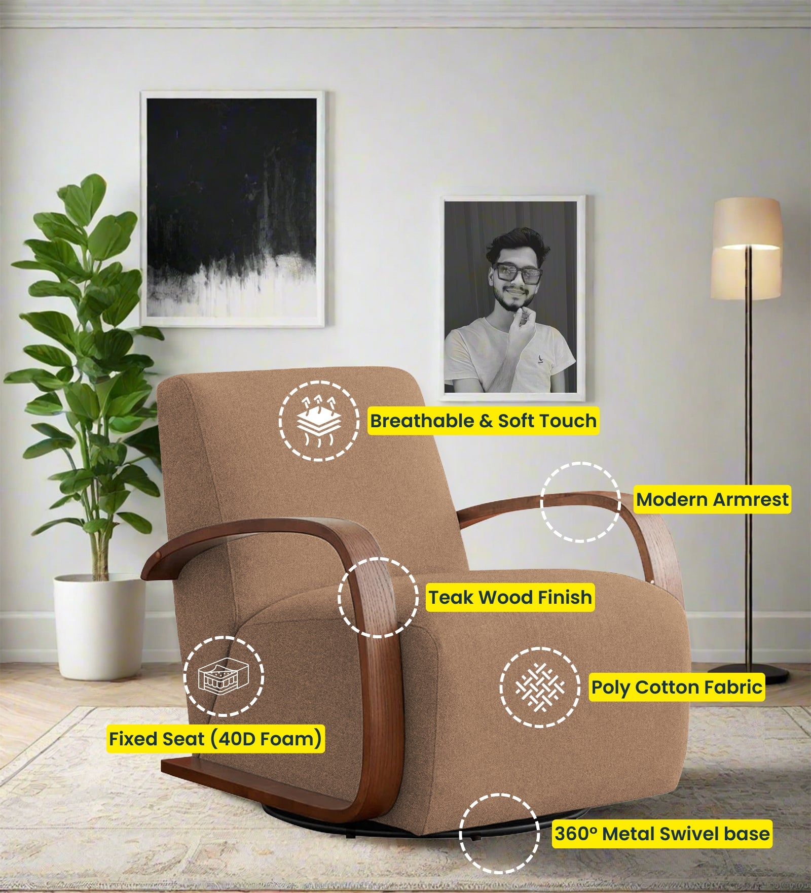 Balma Fabric Swivel Chair In Cosmic Beige Colour - Febonic Living
