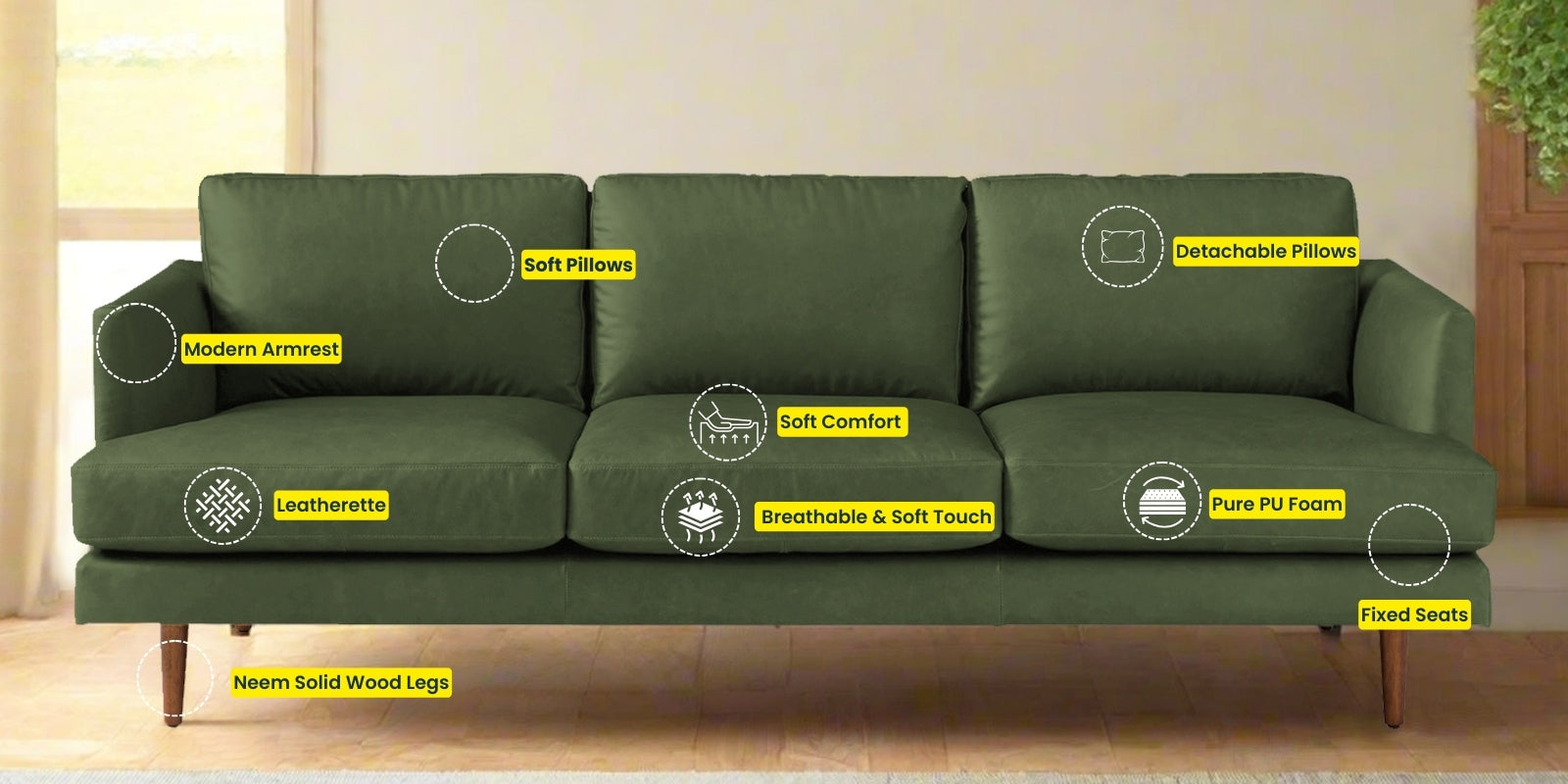 Sterio Leatherette 3 Seater Sofa In Basil Green Colour - Febonic Living