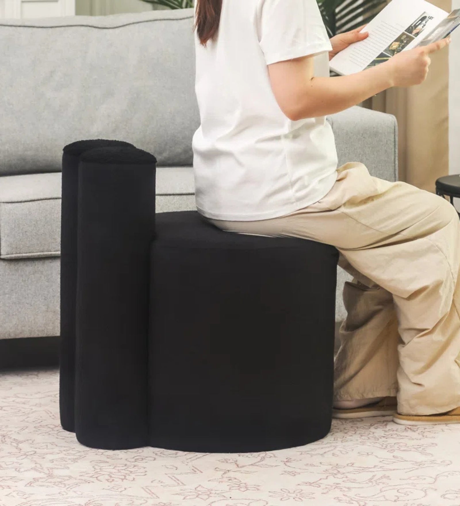 Rossy Boucle Fabric Pouffe In Smokey Grey Colour - Febonic Living