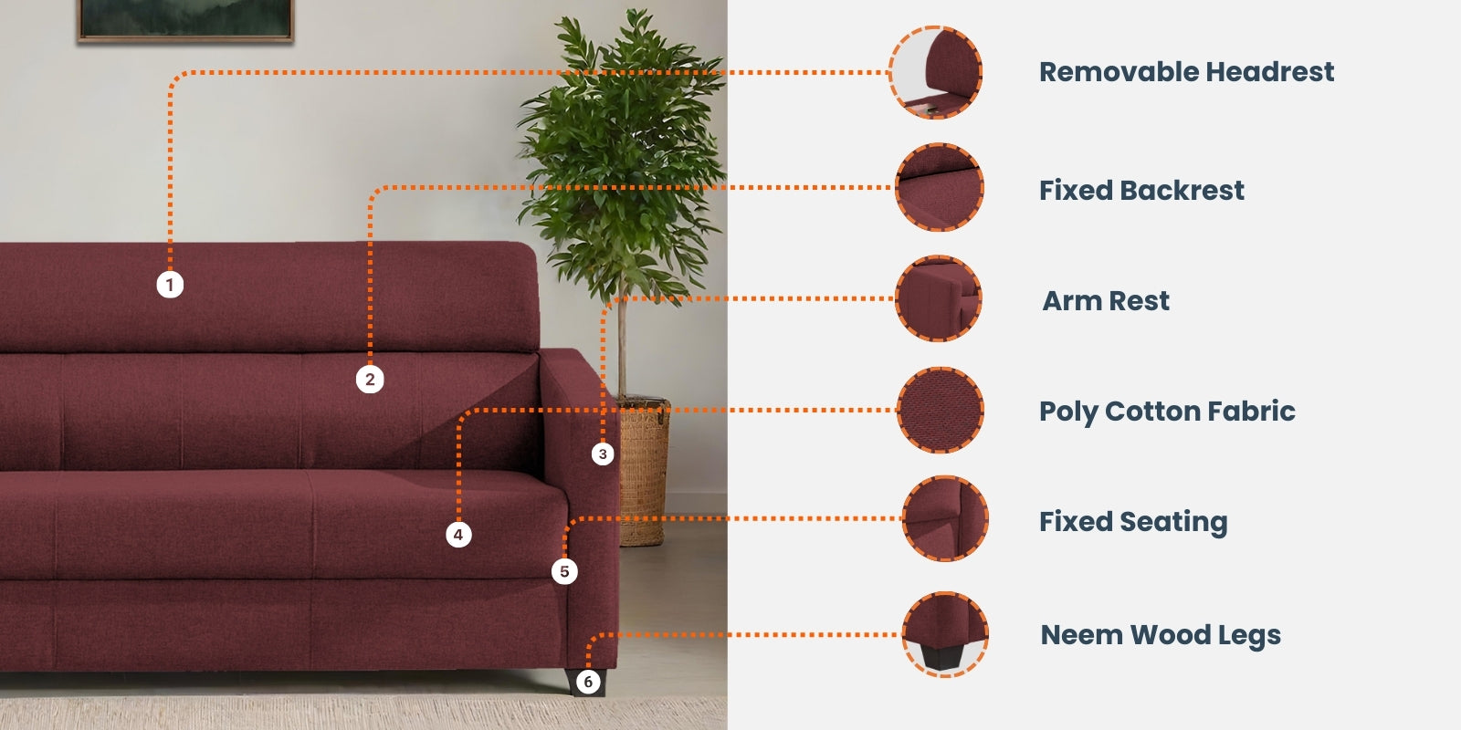 Devo Fabric 3 Seater Sofa In Dark Orange Colour - Febonic Living