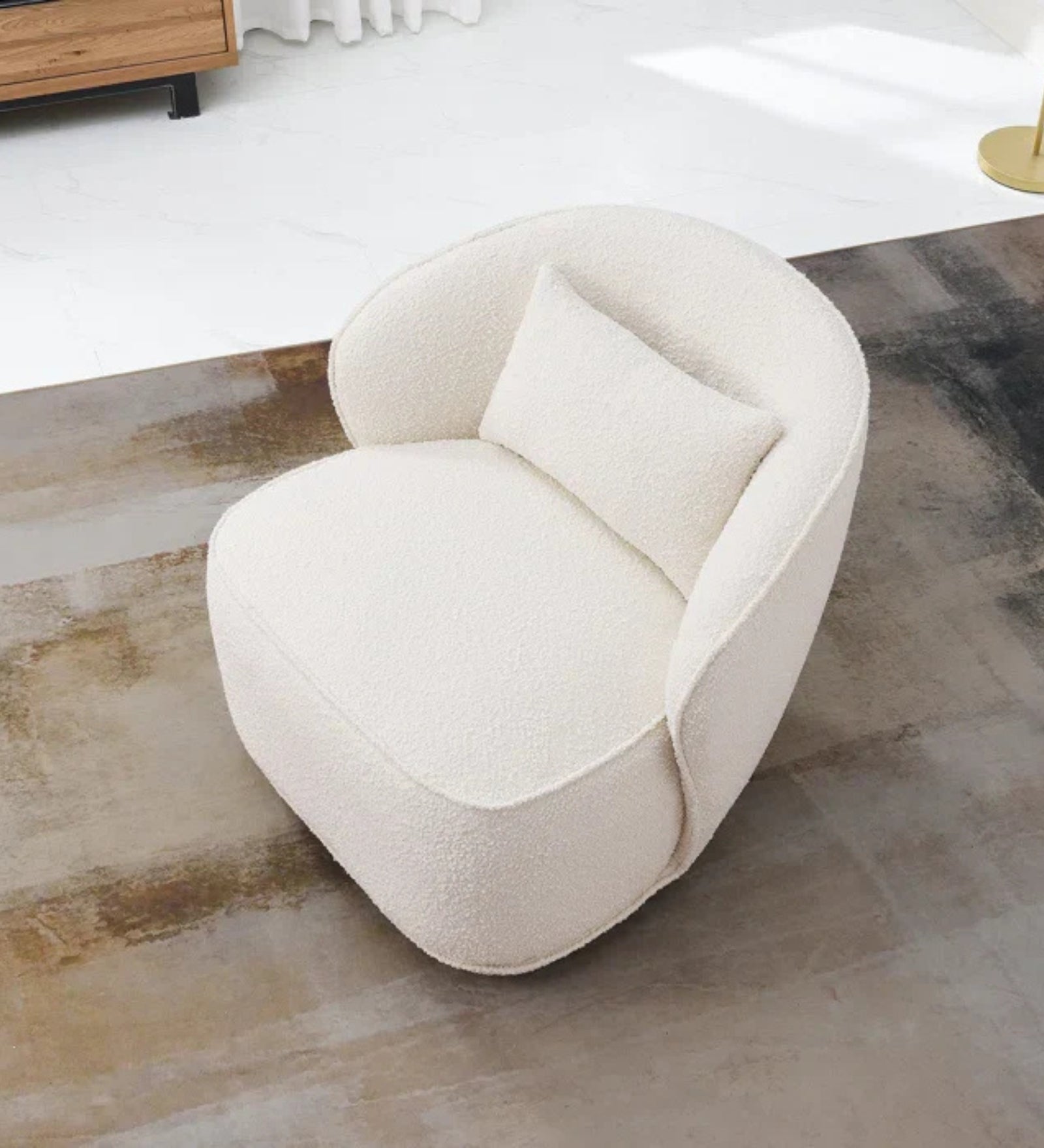 Hank Boucle Fabric Swivel Chair In Shell White Colour - Febonic Living