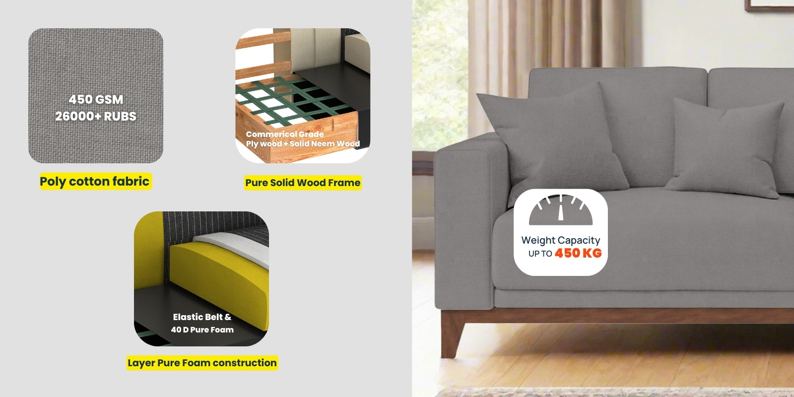 Luca Fabric 3 Seater Sofa In Stone Grey Colour - Febonic Living