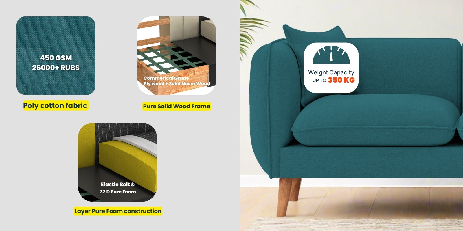 Reva Fabric 3 Seater Sofa In Corn Yellow Colour