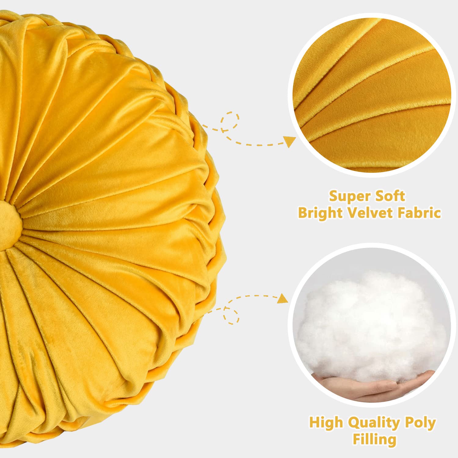 Taka Velvet Decorative Round Pleated Throw Pillows (Pack of 2) In Turmeric Yellow Colour