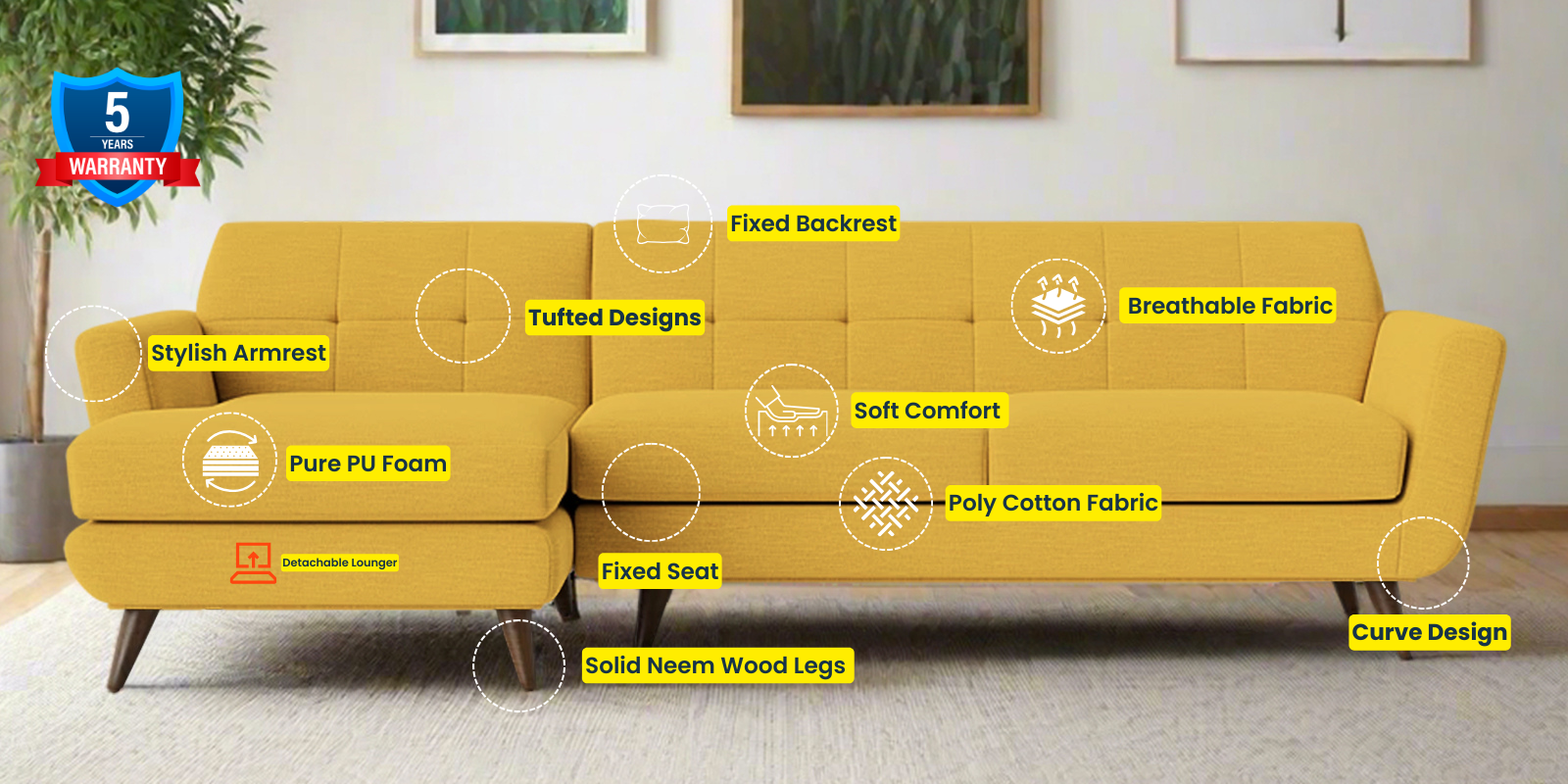 Jasmin Fabric RHS Sectional Sofa (3+ Lounger) In Bold Yellow Colour - Febonic Living