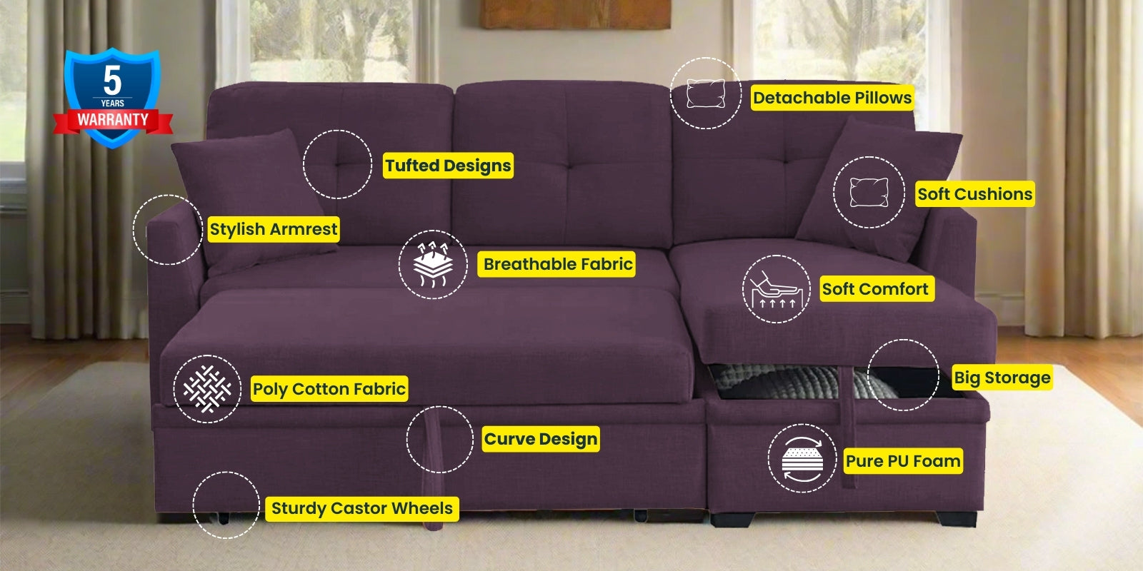 Jody Fabric 3 Seater Pull Out Sofa Cum Bed In Greek Purple Colour With Storage - Febonic Living