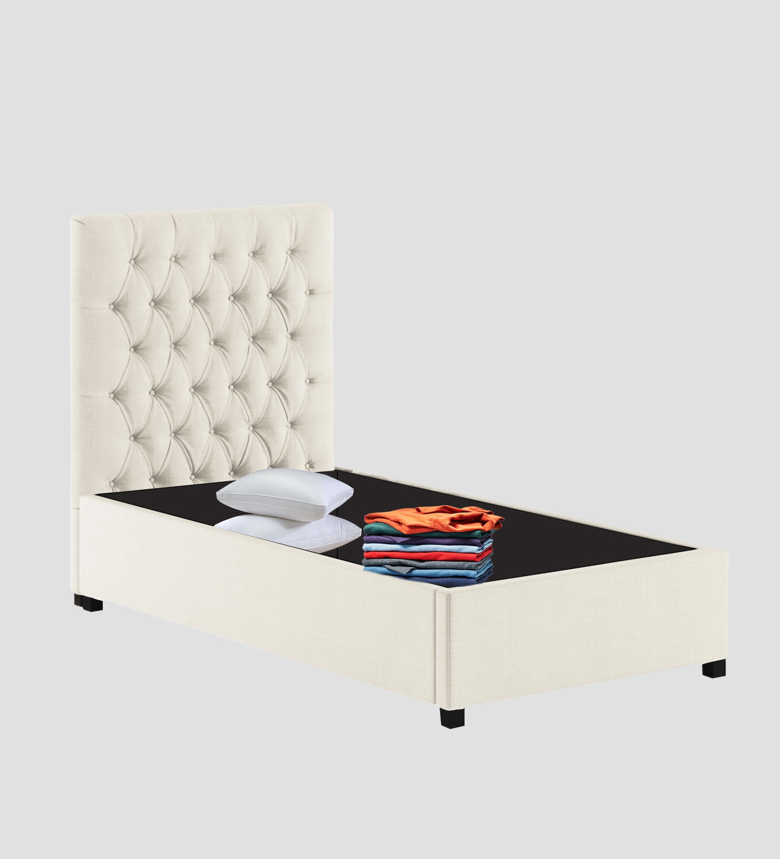 Isko Fabric Upholstered Single Bed in Ivory Cream Colour with Box Storage - Febonic Living