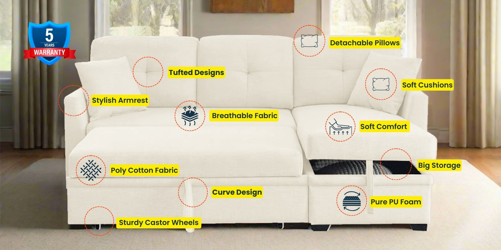 Jody Fabric 3 Seater Pull Out Sofa Cum Bed In Ivory Cream Colour With Storage - Febonic Living