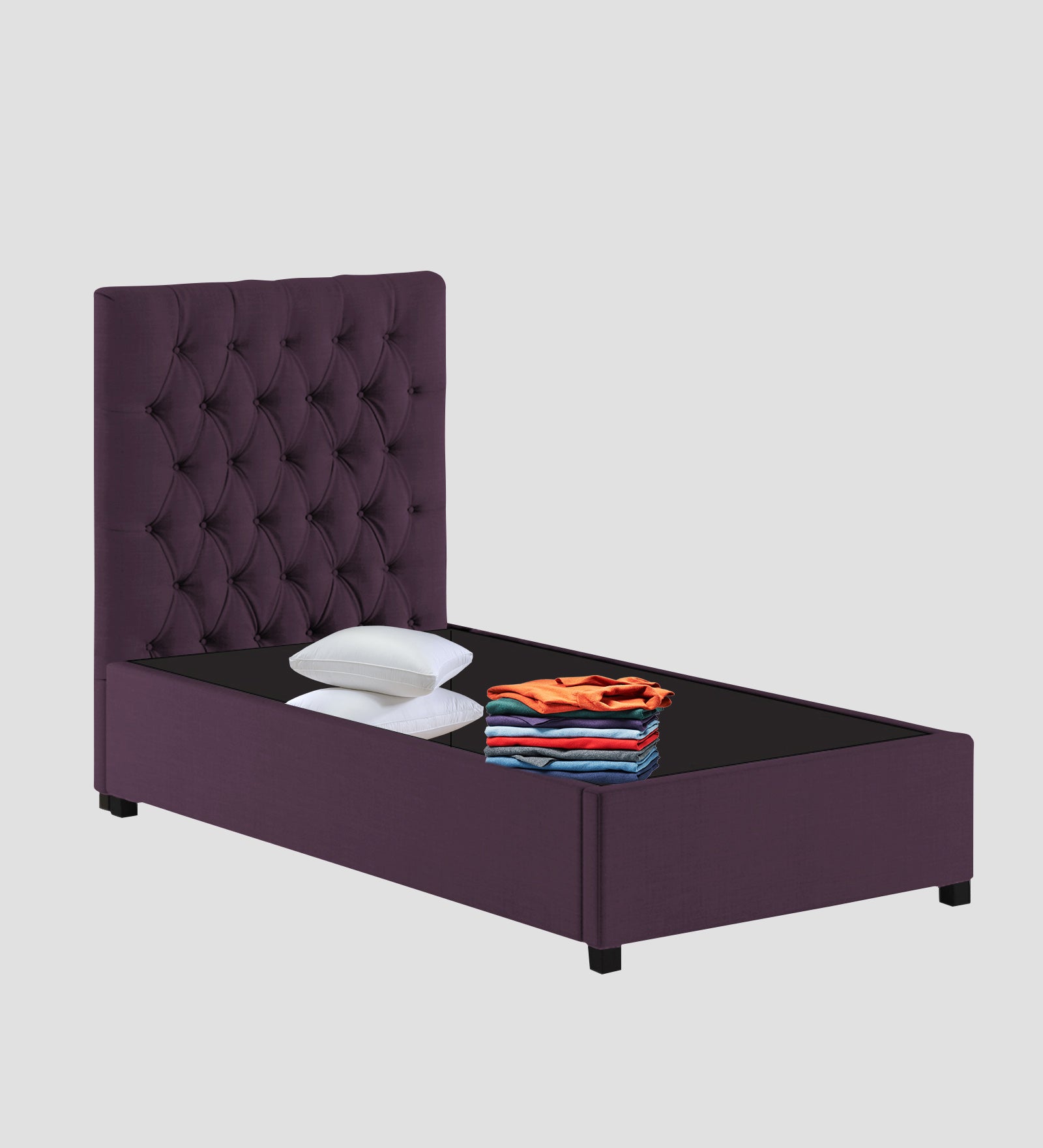 Isko Fabric Upholstered Single Bed in Greek Purple Colour with Box Storage - Febonic Living