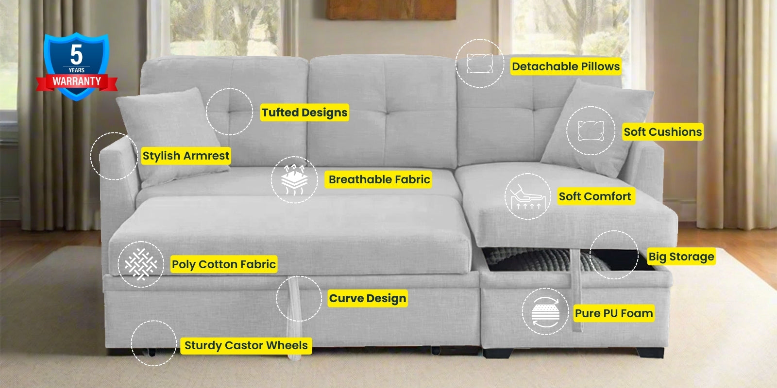 Jody Fabric 3 Seater Pull Out Sofa Cum Bed In Lit Grey Colour With Storage - Febonic Living