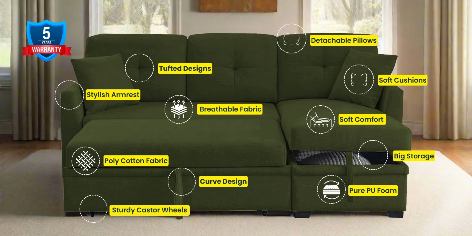 Jody Fabric 3 Seater Pull Out Sofa Cum Bed In Olive Green Colour With Storage - Febonic Living