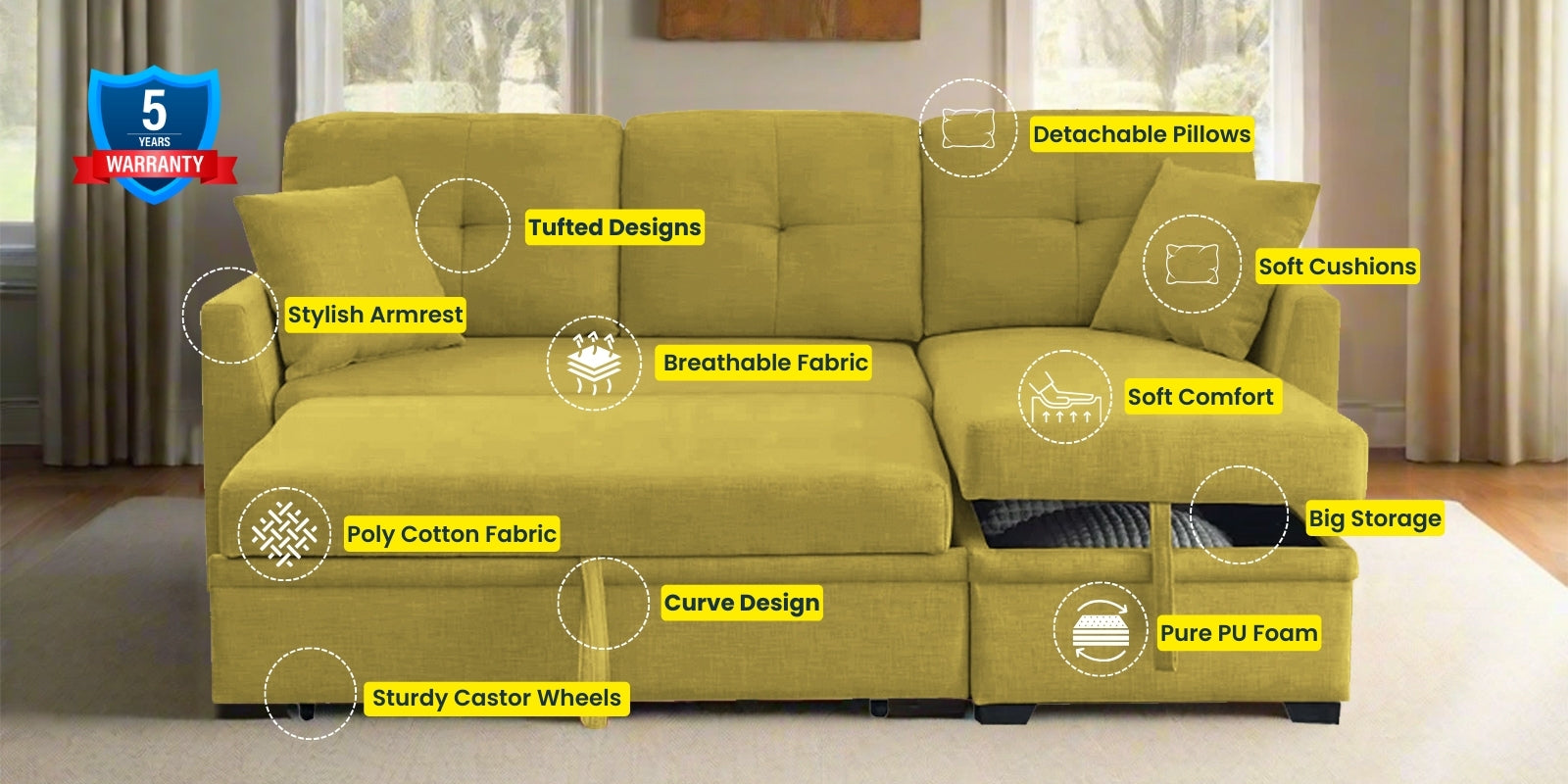 Jody Fabric 3 Seater Pull Out Sofa Cum Bed In Parrot Green Colour With Storage - Febonic Living
