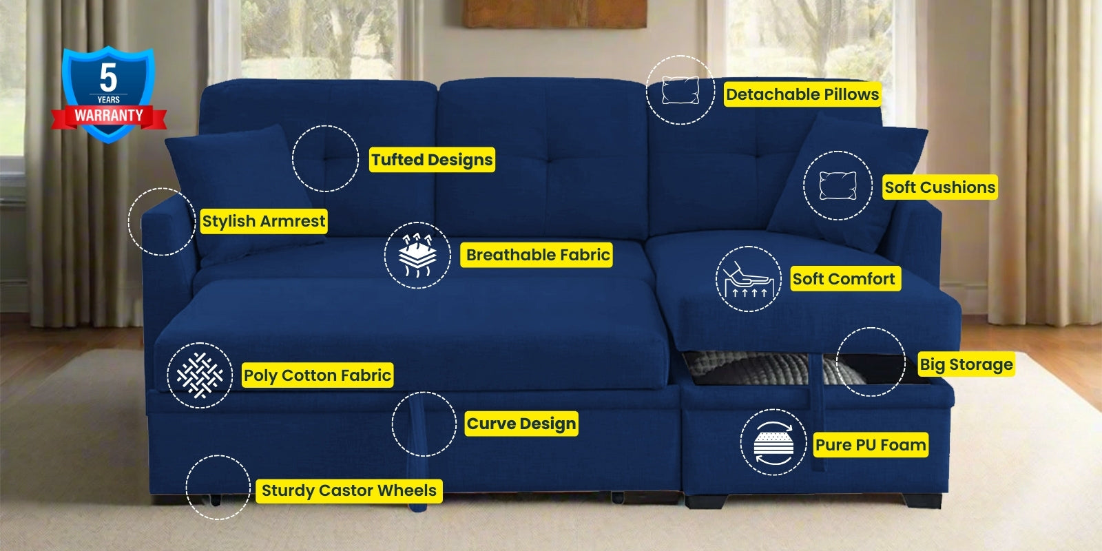 Jody Fabric 3 Seater Pull Out Sofa Cum Bed In Royal Blue Colour With Storage - Febonic Living