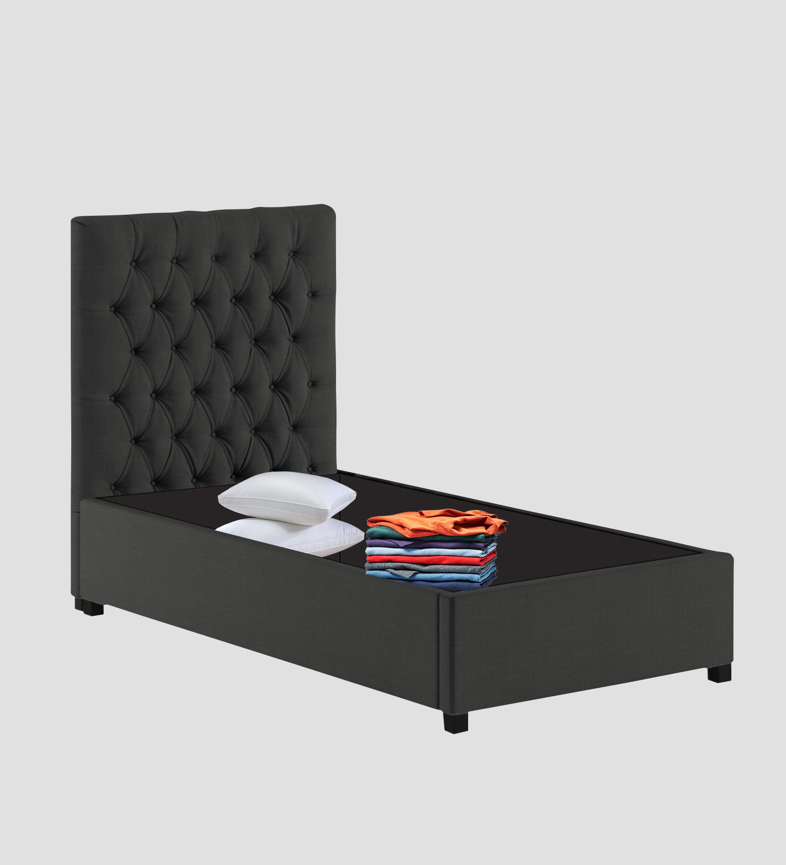 Isko Fabric Upholstered Single Bed in Charcoal Grey Colour with Box Storage - Febonic Living