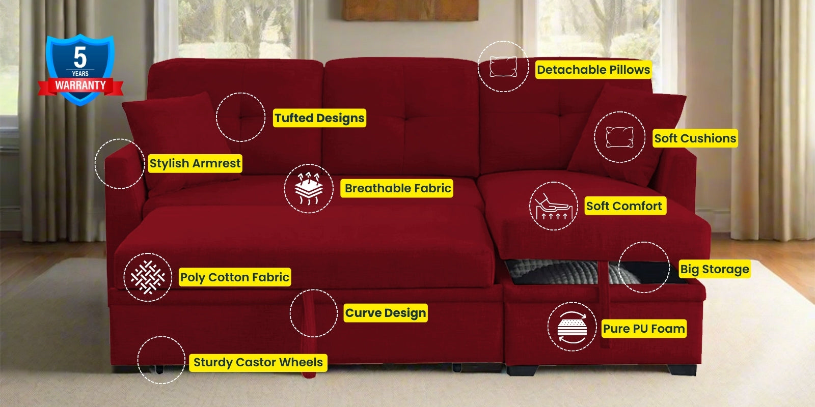 Jody Fabric 3 Seater Pull Out Sofa Cum Bed In Ruby Red Colour With Storage - Febonic Living