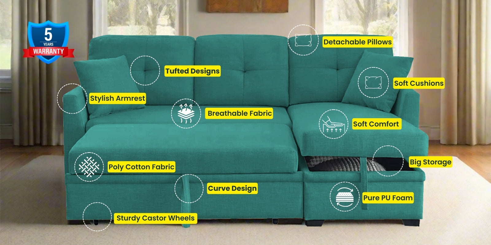 Jody Fabric 3 Seater Pull Out Sofa Cum Bed In Sea Green Colour With Storage - Febonic Living