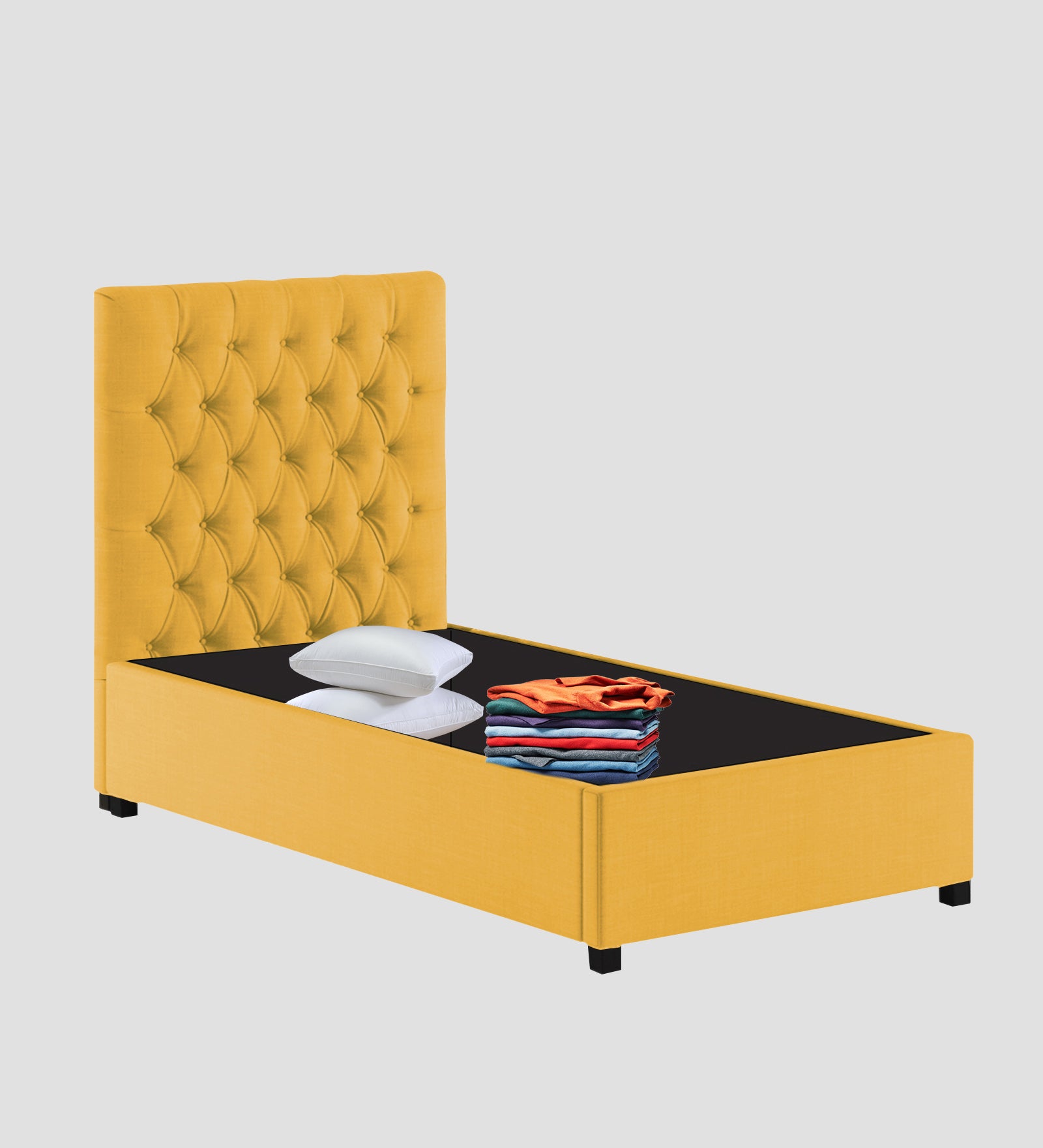 Isko Fabric Upholstered Single Bed in Bold Yellow Colour with Box Storage - Febonic Living