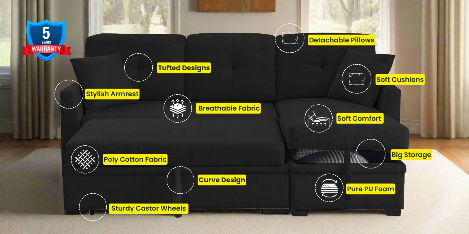 Jody Fabric 3 Seater Pull Out Sofa Cum Bed In Zed Black Colour With Storage - Febonic Living