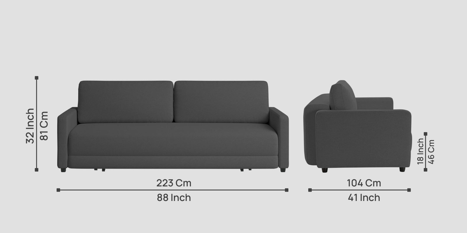 Leora Fabric 3 Seater Convertible Sofa Cum Bed In Stone Grey Colour - Febonic Living