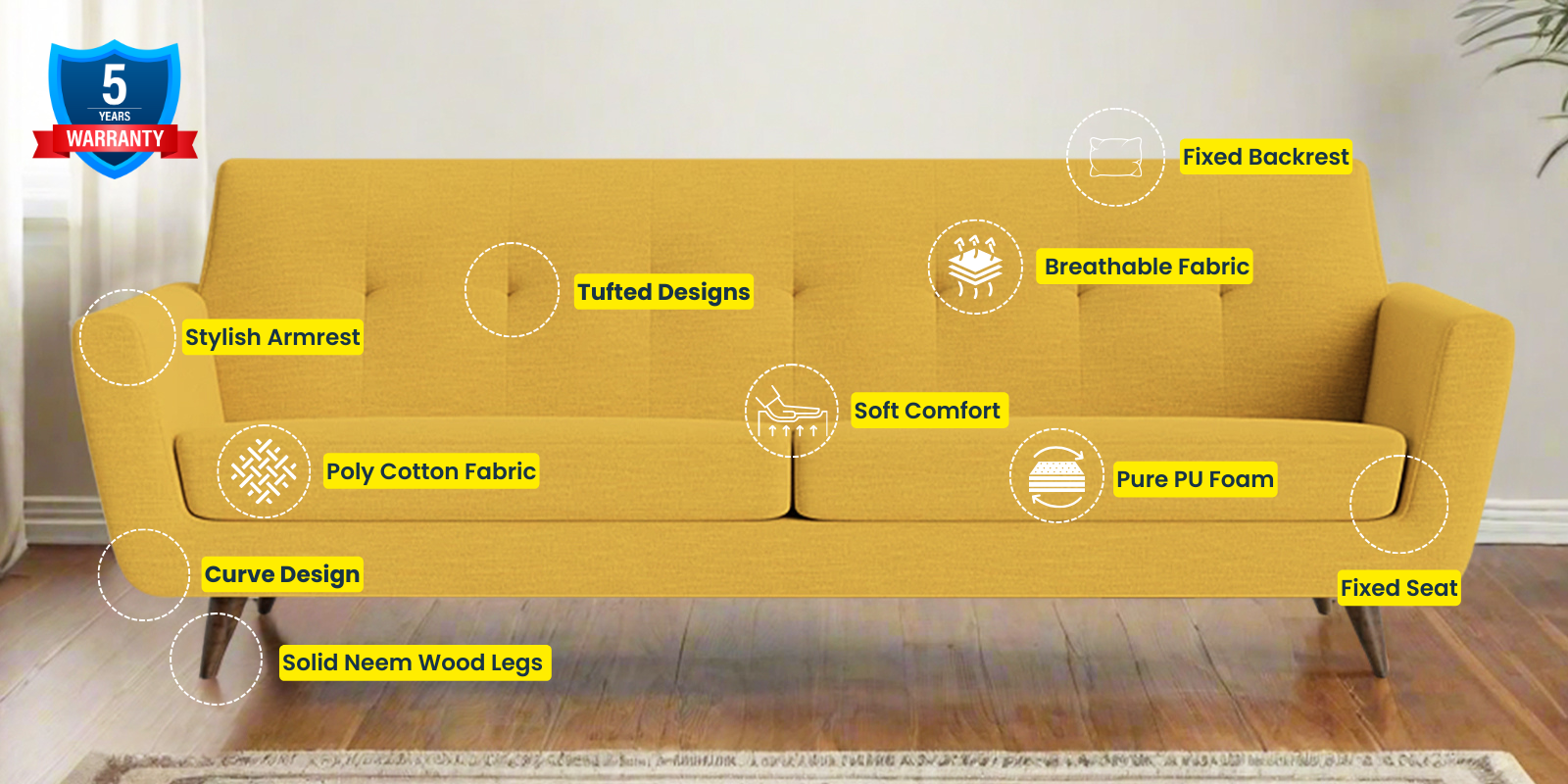 Jasmin Fabric 3 Seater Sofa In Bold Yellow Colour - Febonic Living