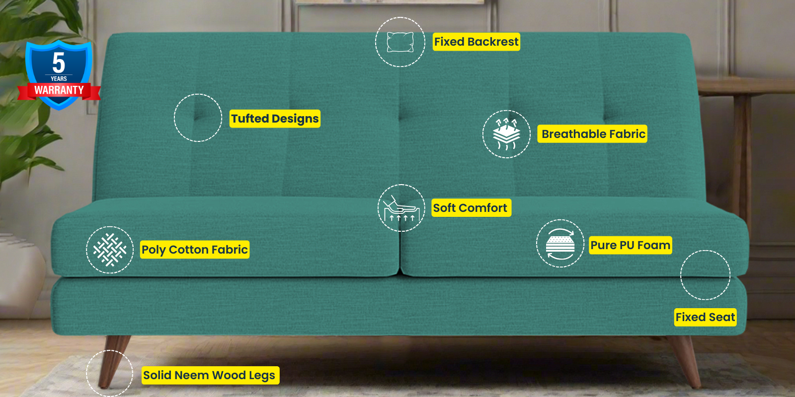 Jasmin Fabric 2 Seater Armless Sofa In Sea Green Colour - Febonic Living