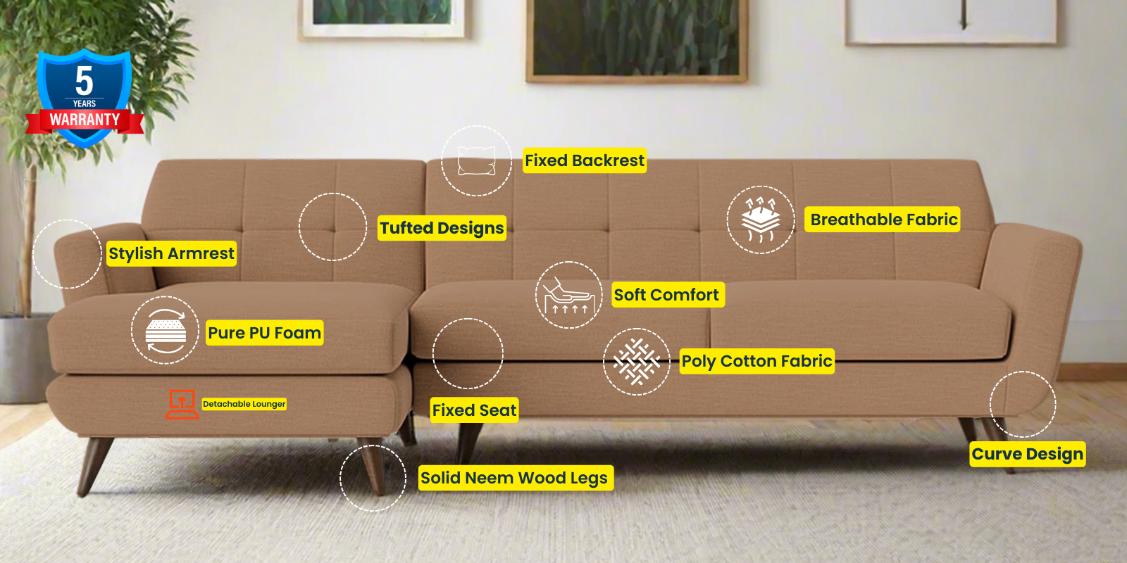 Jasmin Fabric RHS Sectional Sofa (3+ Lounger) In Cosmic Beige Colour - Febonic Living