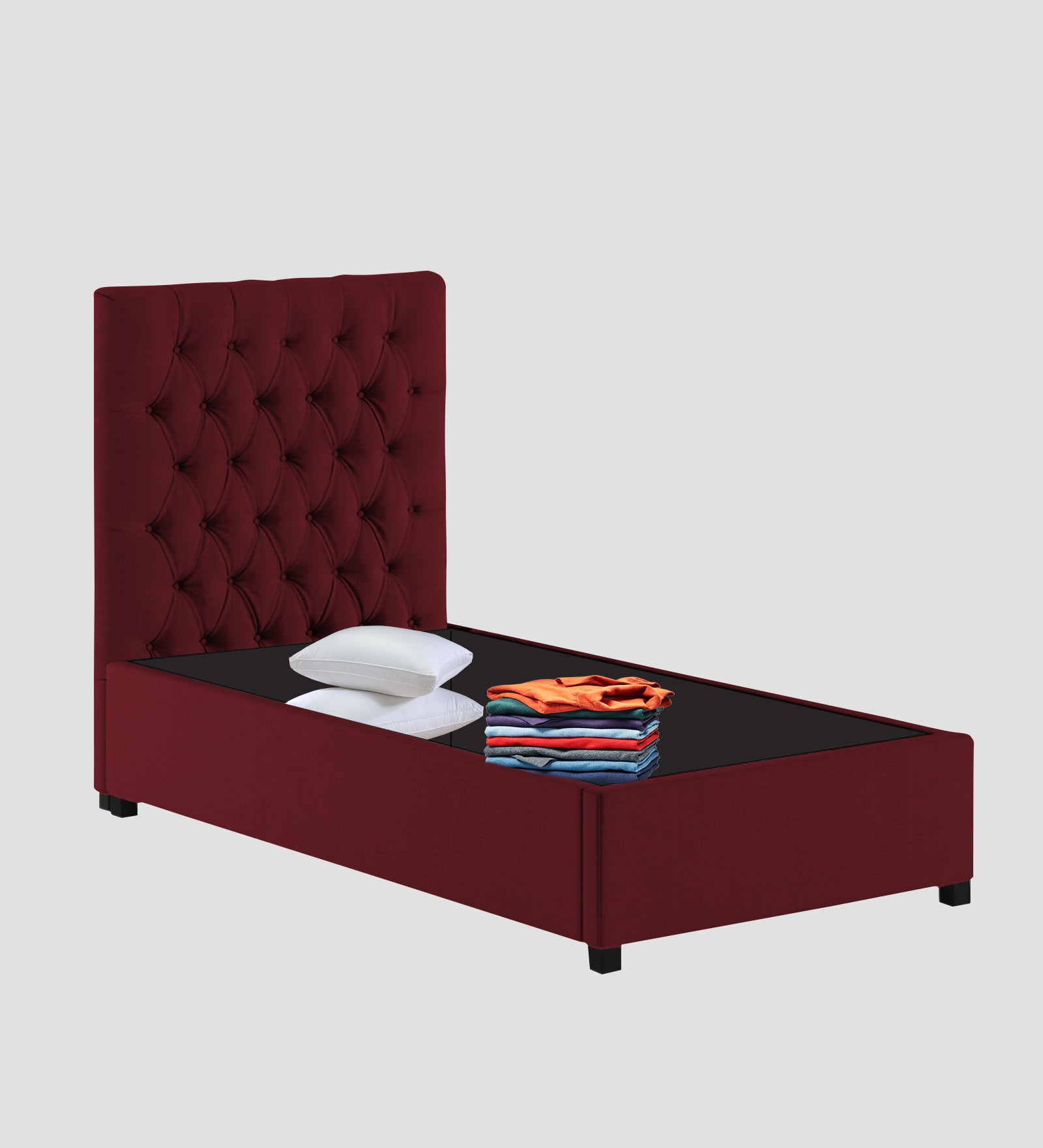 Isko Fabric Upholstered Single Bed in Blood Maroon Colour with Box Storage - Febonic Living