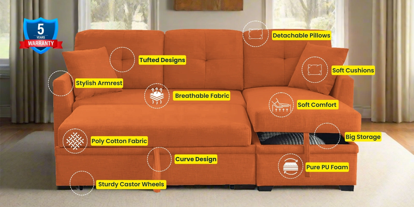 Jody Fabric 3 Seater Pull Out Sofa Cum Bed In Vivid Orange Colour With Storage - Febonic Living