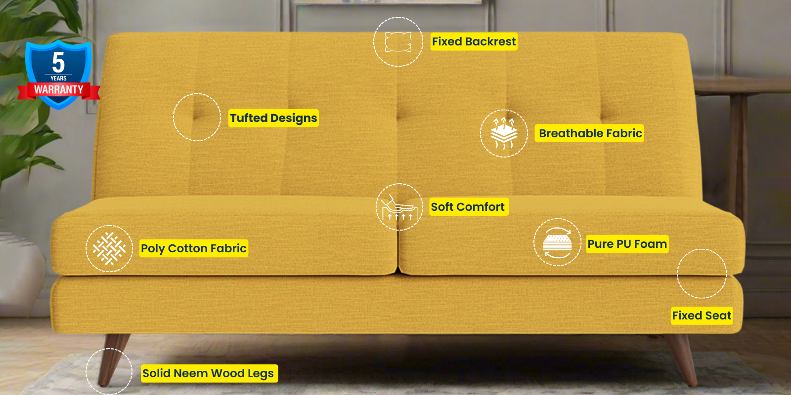 Jasmin Fabric 2 Seater Armless Sofa In Bold Yellow Colour - Febonic Living
