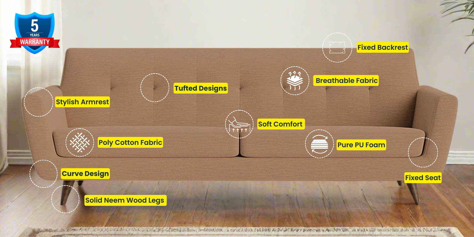 Jasmin Fabric 3 Seater Sofa In Cosmic Beige Colour - Febonic Living