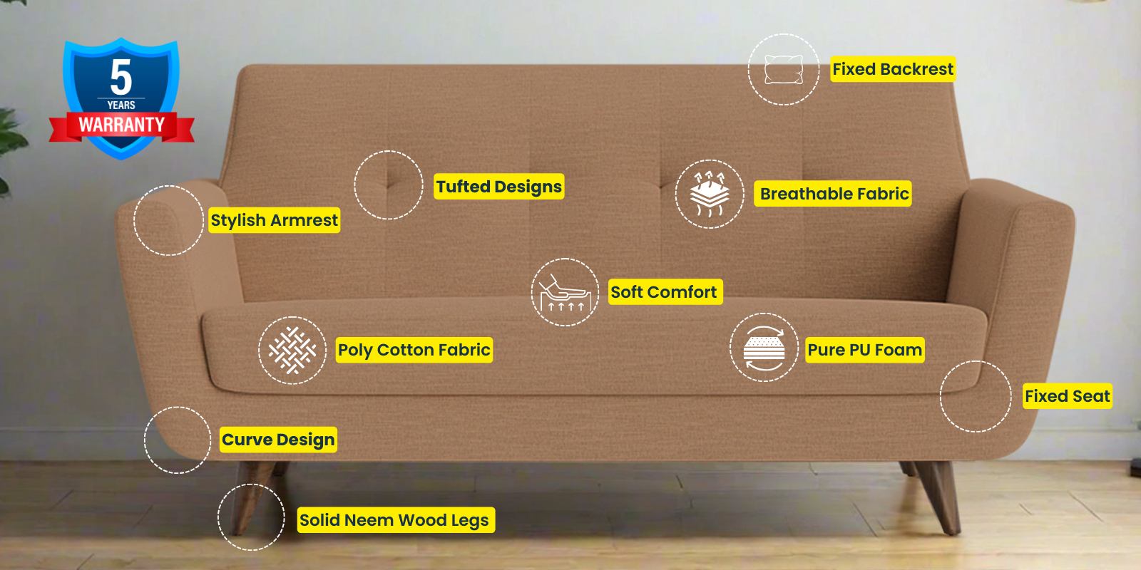 Jasmin Fabric 2 Seater Sofa In Cosmic Beige Colour - Febonic Living