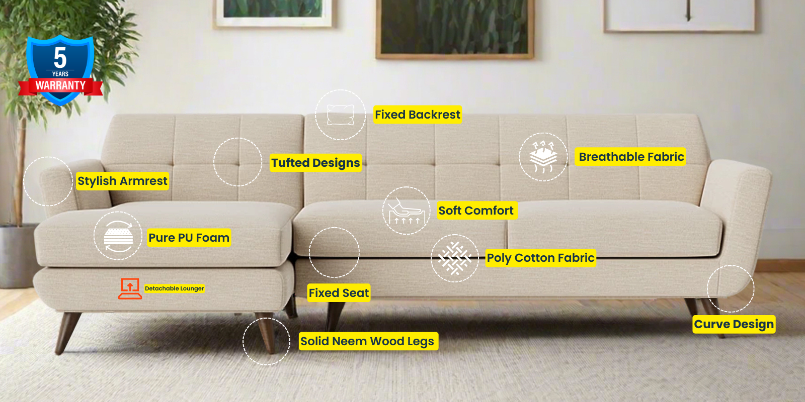 Jasmin Fabric RHS Sectional Sofa (3+ Lounger) In Ivory Cream Colour - Febonic Living