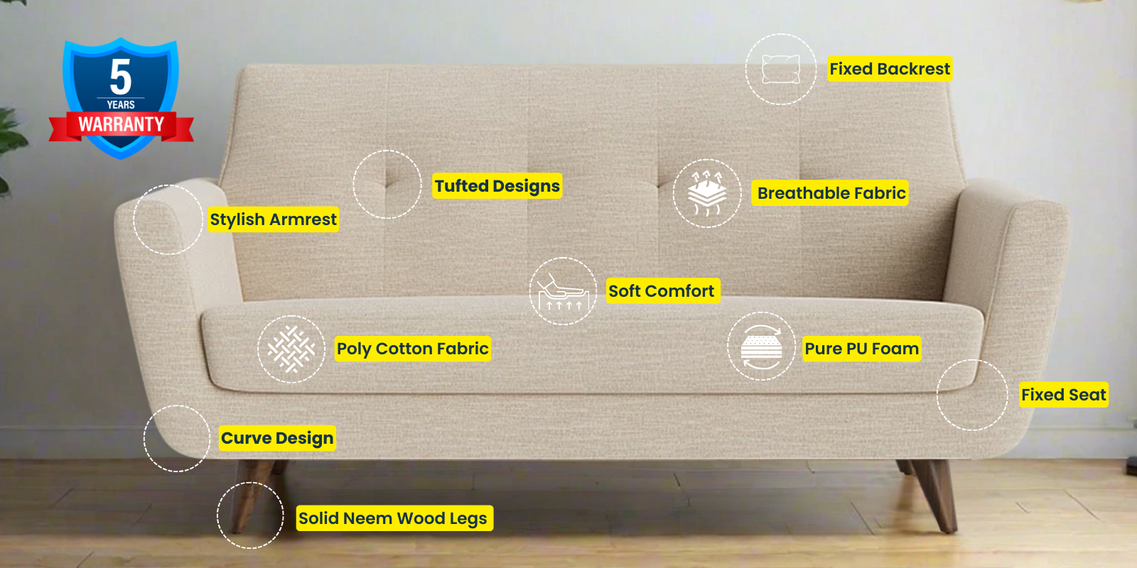 Jasmin Fabric 2 Seater Sofa In Ivory Cream Colour - Febonic Living