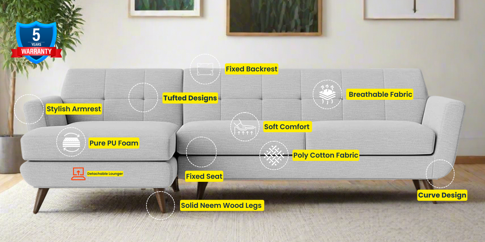 Jasmin Fabric RHS Sectional Sofa (3+ Lounger) In Lit Grey Colour - Febonic Living