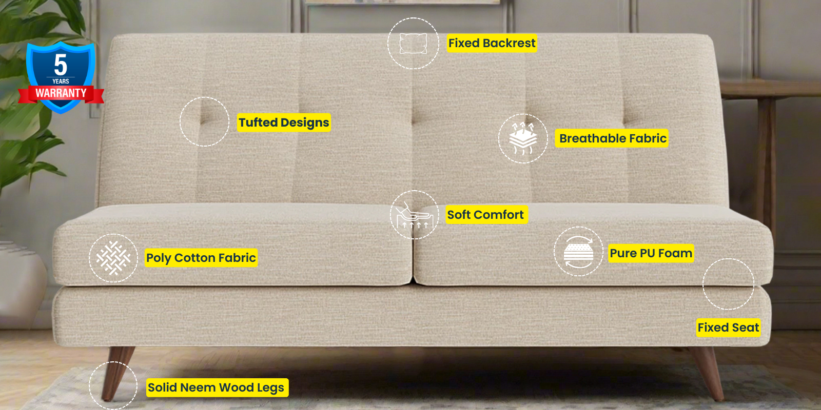 Jasmin Fabric 2 Seater Armless Sofa In Ivory Cream Colour - Febonic Living