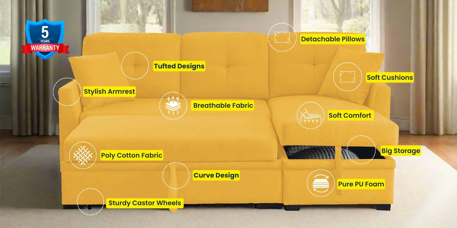 Jody Fabric 3 Seater Pull Out Sofa Cum Bed In Bold Yellow Colour With Storage - Febonic Living