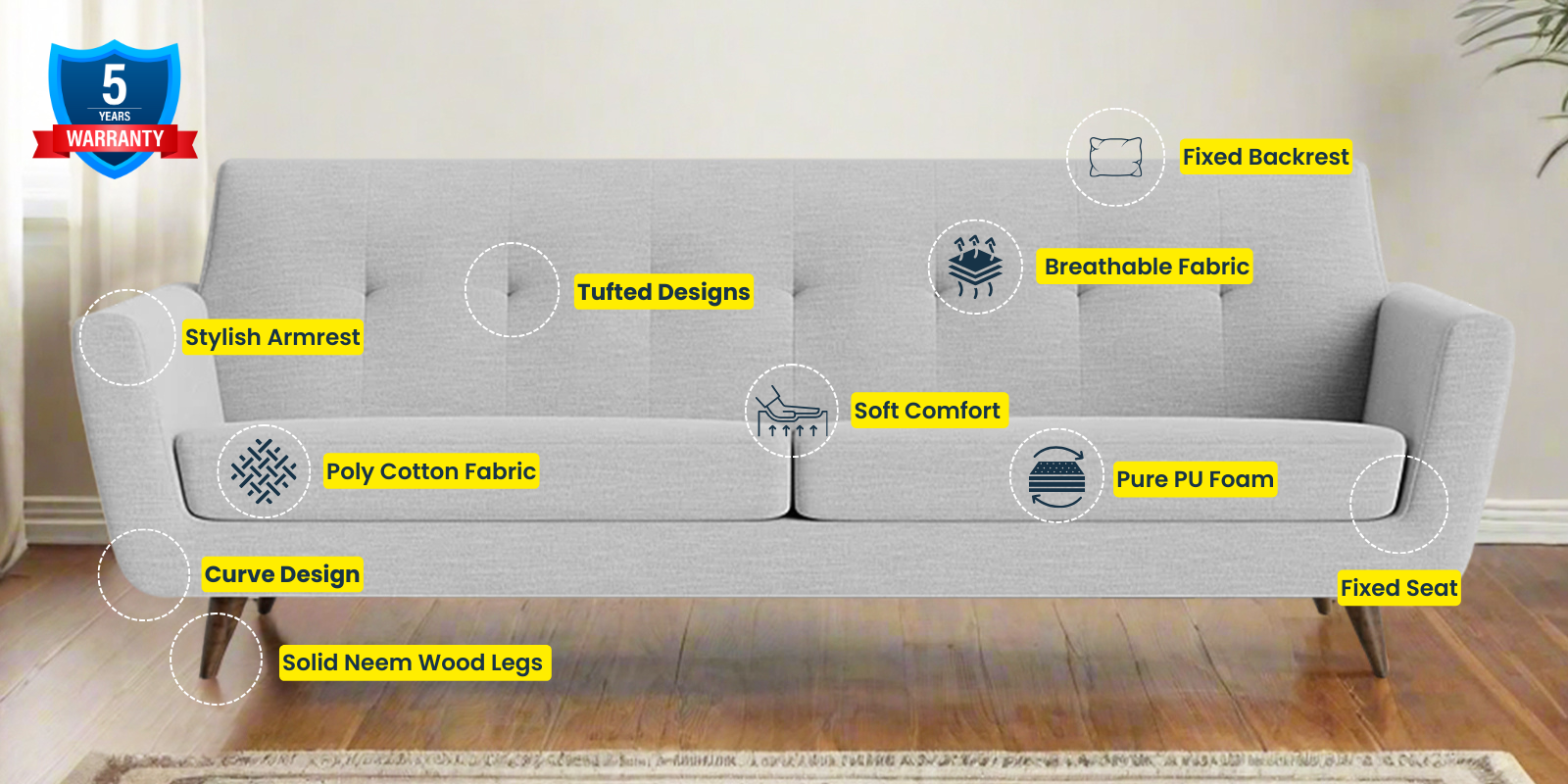 Jasmin Fabric 3 Seater Sofa In Lit Grey Colour - Febonic Living