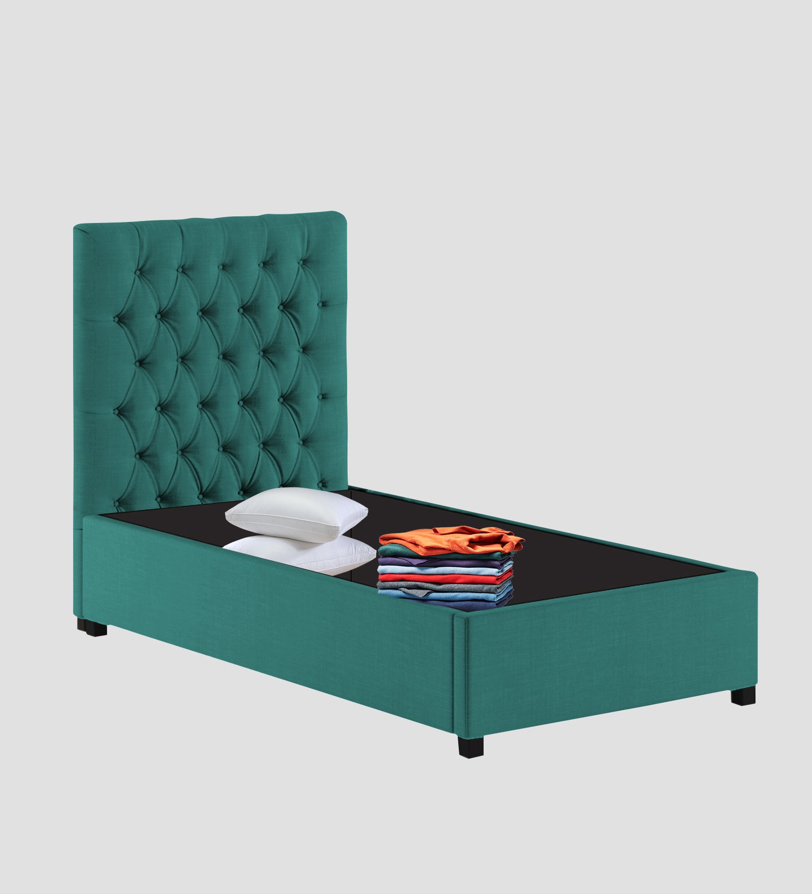Isko Fabric Upholstered Single Bed in Sea Green Colour with Box Storage - Febonic Living