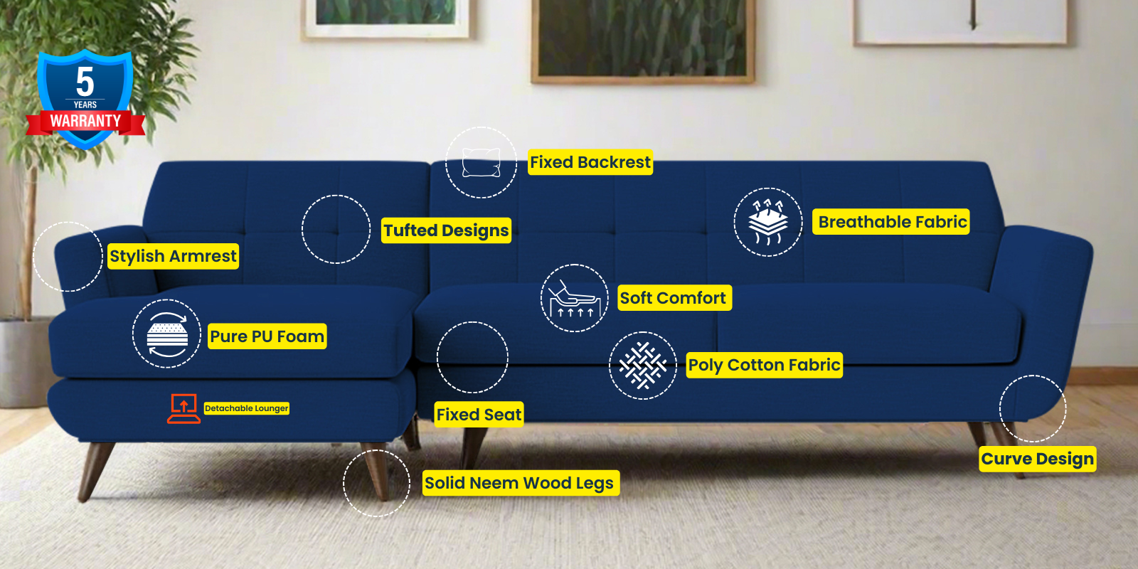 Jasmin Fabric RHS (3+ Lounger) Sectional Sofa (3+ Lounger) In Royal Blue Colour - Febonic Living