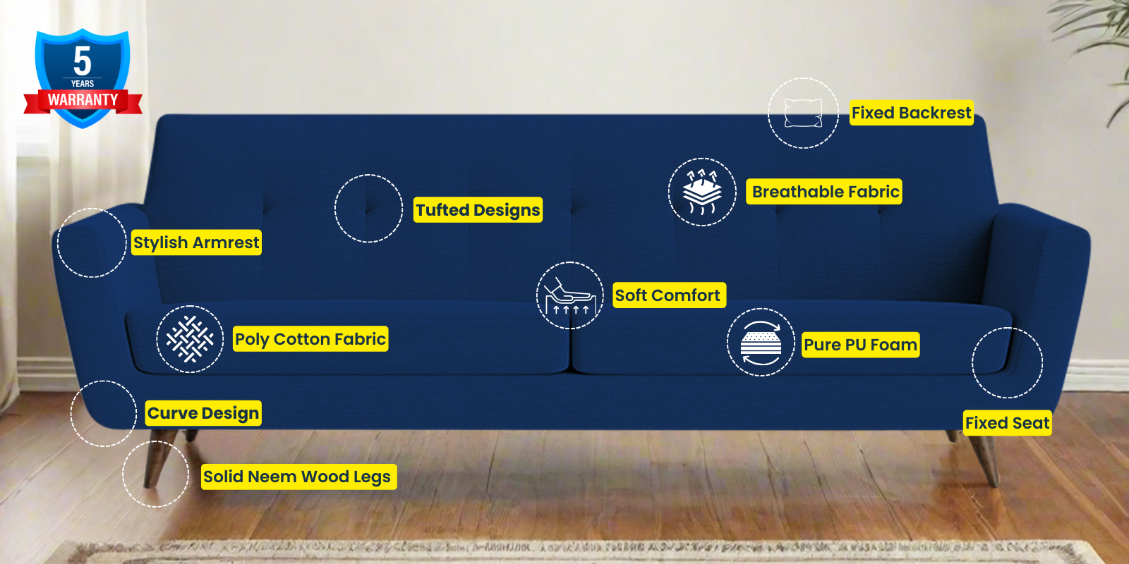 Jasmin Fabric 3 Seater Sofa In Royal Blue Colour - Febonic Living