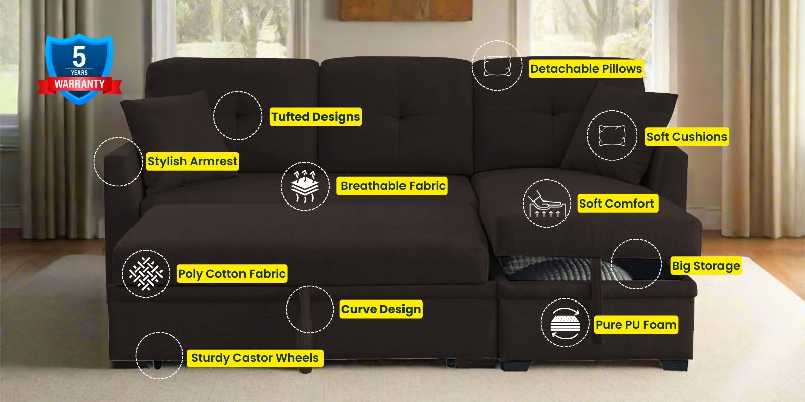 Jody Fabric 3 Seater Pull Out Sofa Cum Bed In Cara Brown Colour With Storage - Febonic Living
